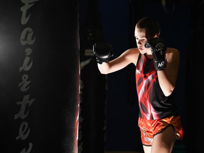 Jorja Hersey in training mode at Sunshine Coast Thai Boxing. Photo Patrick Woods / Sunshine Coast Daily.