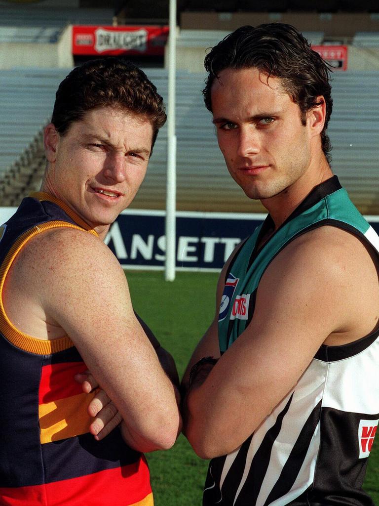 Former Port captain Gavin Wanganeen with his Crows counterpart Mark Bickley ahead of Showdown II.