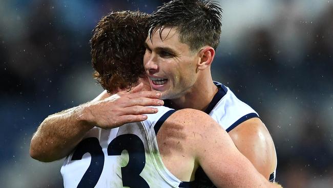 Geelong’s Gary Rohan and Tom Hawkins celebrate a goal. Picture: Quinn Rooney/Getty Images