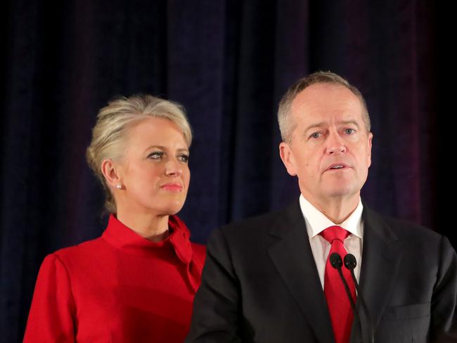 Bill Shorten makes his concession speech, with wife Chloe, at the 2019 ALP Election Night function in Melbourne. Picture: Stuart McEvoy/The Australian.