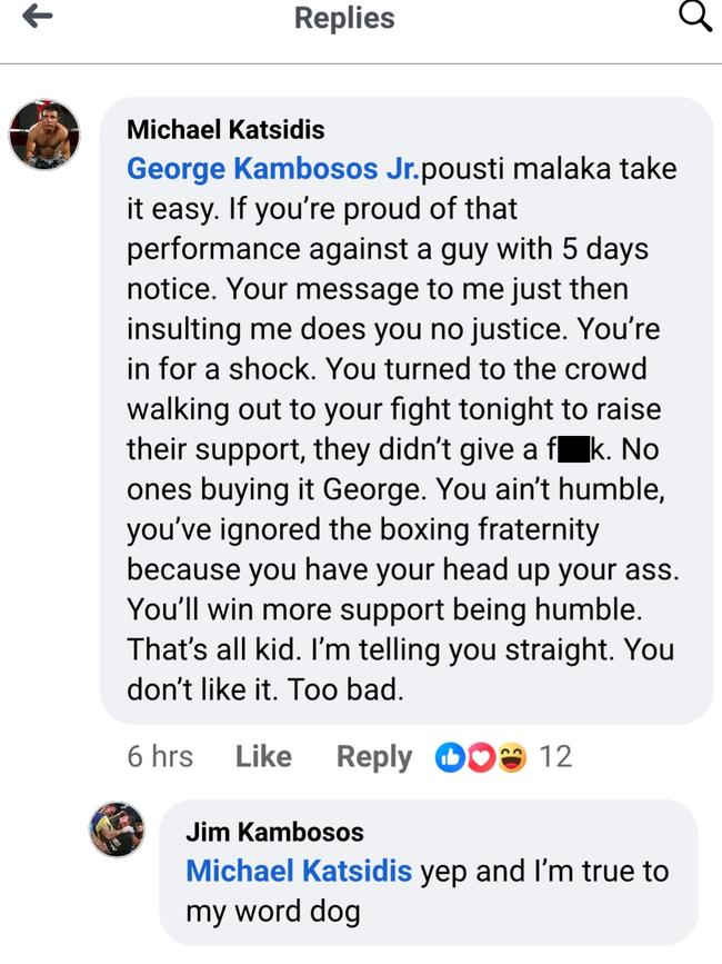 Kambosos and Katsidis in the comments on Facebook. Picture: Facebook