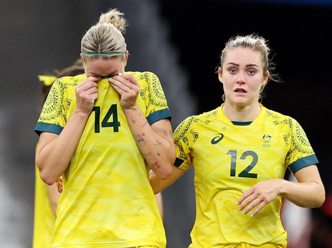 MARSEILLE, FRANCE - JULY 31: Alanna Kennedy #14 of Team Australia shows her dejection after losing the Women's group B match between Australia and United States during the Olympic Games Paris 2024 at Stade de Marseille on July 31, 2024 in Marseille, France. (Photo by Alex Livesey/Getty Images)