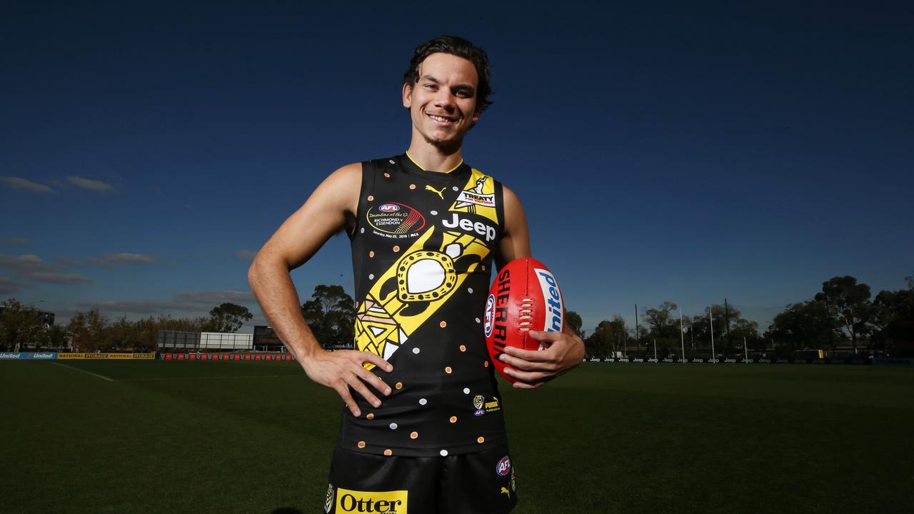Richmond star Daniel Rioli with the indigenous Round Dreamtime jumper he designed with his parents in the Tiwi Islands. Picture: David Caird