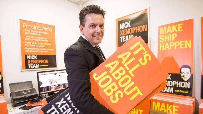 Nick Xenophon prepares material at his NXT campaign HQ in Adelaide.