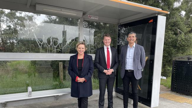 Cranbourne state Labor MP Pauline Richards, Public Transport Minister Ben Carroll and Narre Warren state Labor MP Gary Mass at the bus funding announcement. Image: Gemma Scerri