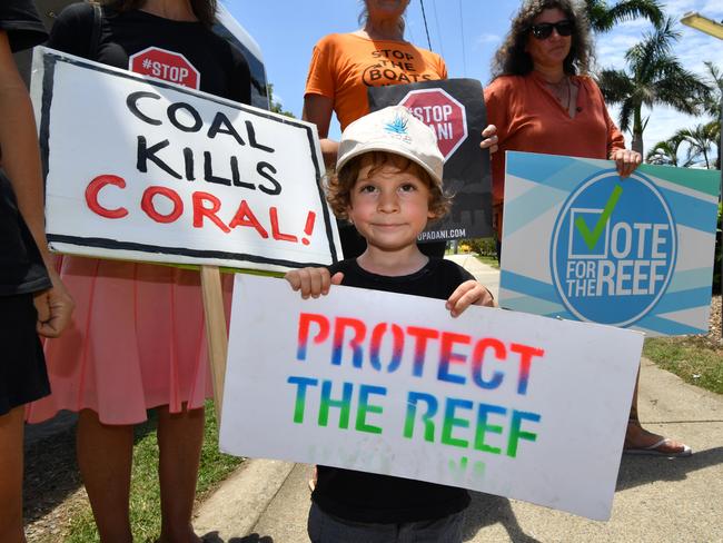 Joah Fanning, 3, from Airlie Beach was one of the anti-Adani protesters. Picture: Darren England/AAP