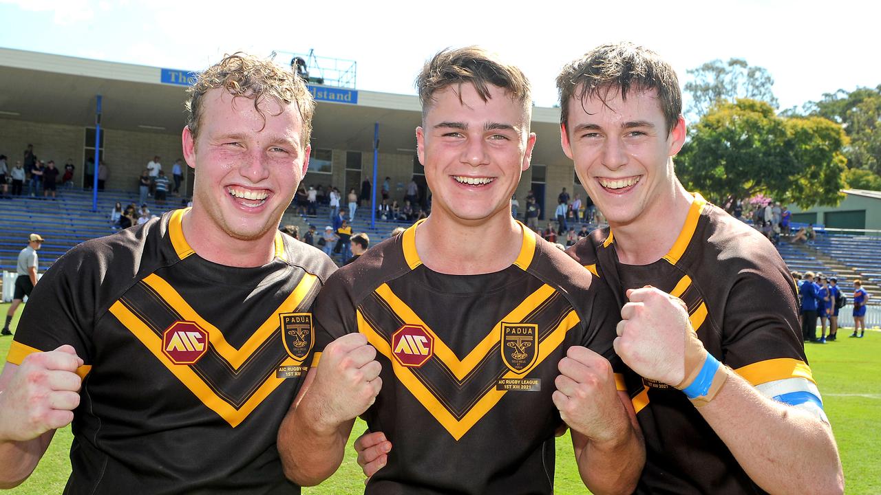 Victorious Padua players Dan Healy, Mitchell Rogers and Declan McGrath after the win against Marist College Ashgrove in AIC schoolboy rugby league. Saturday August 21, 2021. Picture, John Gass