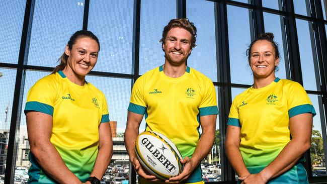 Australia sevens captains Sharni Williams, Lewis Holland and Shannon Parry.