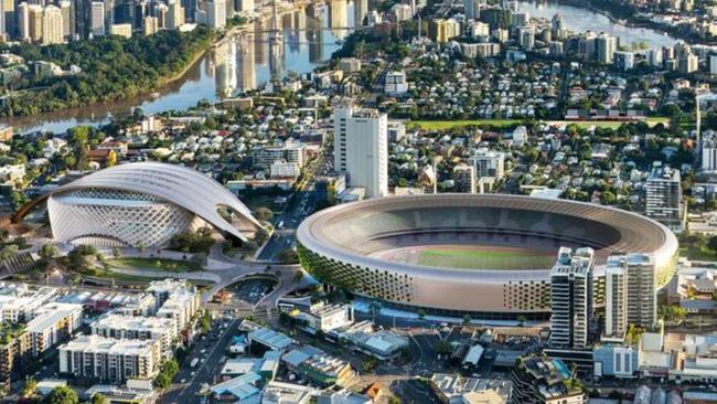 Brisbane 2032 Olympic Games stadium idea - Key Features of The Gabba Olympic Park: Iconic 55,000-Seat Olympic Ceremony Stadium: A state-of-the-art stadium will replace the current Gabba, which currently requires substantial investment for modernisation and maintenance., World-Class Arena: Includes a 17,000-seat Entertainment Centre and Aquatic Park, seamlessly integrated above the Cross River Rail station, metro, and bus interchange., Innovative Green Spaces:  Features an elevated Olympic Plaza, open-air auditorium, and parklands for community use., Iconic Olympic Footbridge: A green pedestrian bridge will connect the park directly to the Brisbane River, Southbank Riverwalk, ferries and CBD via the Goodwill Bridge., Warm-Up Track at Raymond Park: A dedicated warm-up facility  Minimal Disruption to Local Area: Carefully planned construction to minimise disruption to surrounding roads and transport hubs. Following the example of the Cross River Rail project, which has  maintained minimal impact on its surrounding areas throughout its construction. Picture Supplied