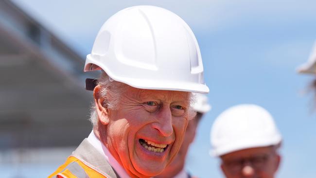 King Charles III donned a hardhat during a visit to the Homes NSW Cowper Street development in Sydney on October 22, 2024. Picture: Mark Baker / POOL / AFP