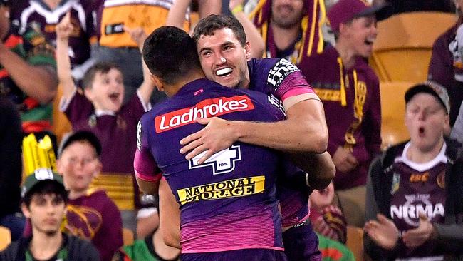 BRISBANE, AUSTRALIA — AUGUST 16: Corey Oates of the Broncos celebrates scoring a try during the round 23 NRL match between the Brisbane Broncos and the South Sydney Rabbitohs at Suncorp Stadium on August 16, 2018 in Brisbane, Australia. (Photo by Bradley Kanaris/Getty Images)