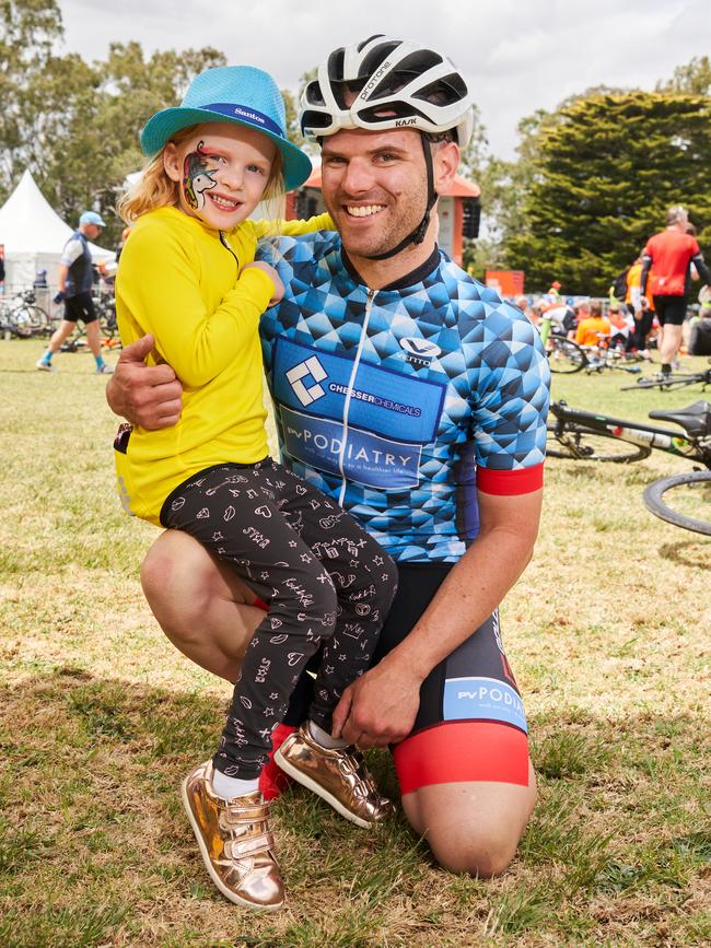 Charlotte, 4 and Daryl Margrate at the finish line in Paracombe. Picture: Matt Loxton