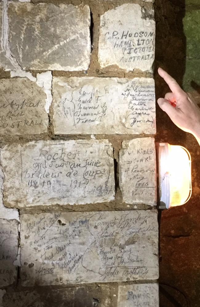 The names of Australian WW1 soldiers scrawled in underground caverns. Picture: Supplied