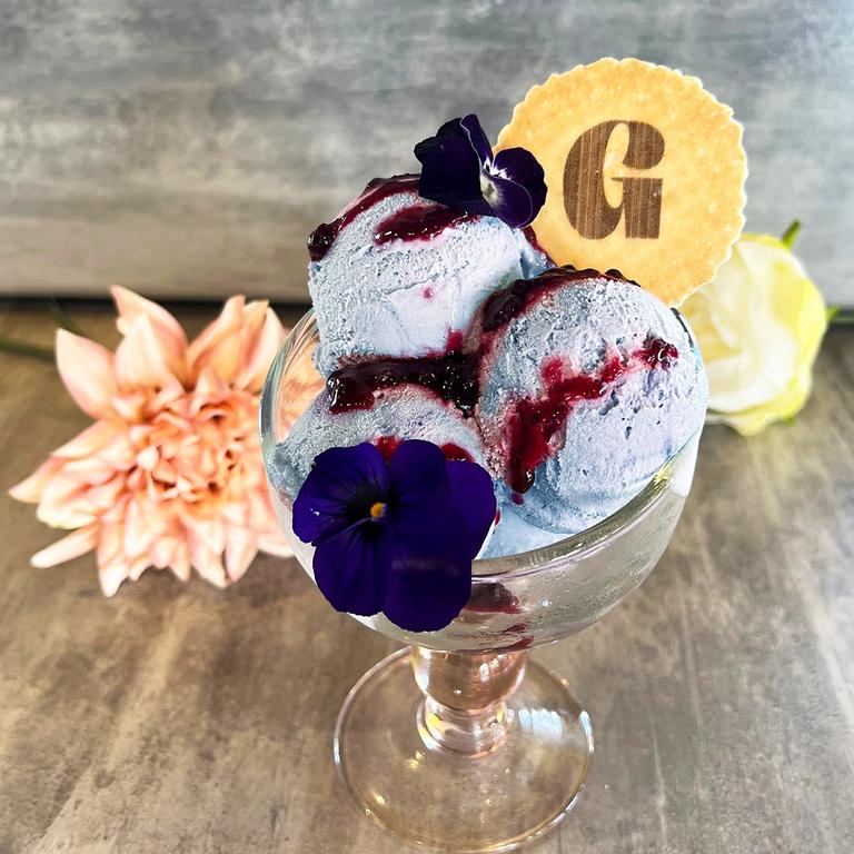 Gelatissimo Toowoomba - Butterfly pea flower gelato: A subtly floral-infused gelato with waves of boysenberry sauce.