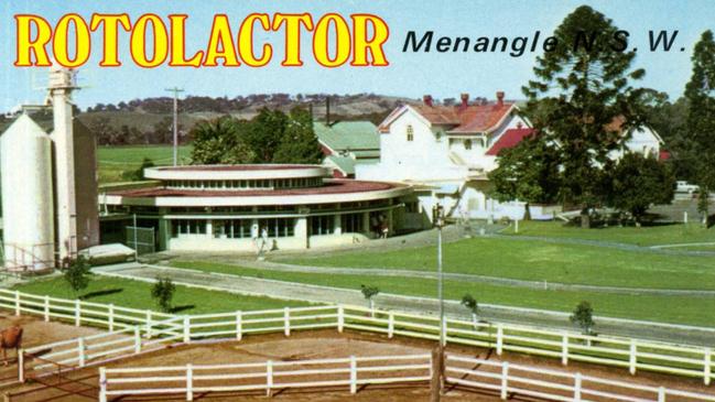 The Rotolactor was a giant, revolving, glass-walled machine that could automatically milk thousands of cows a day at Camden Park Estate in Menangle south of Sydney. Picture: Belgenny Farm