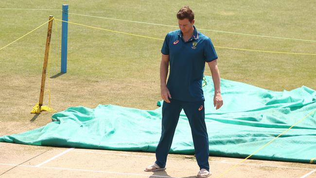 Stand-in skipper Steve Smith inspects the pitch at the Holkar Stadium in Indore Picture: Getty Images