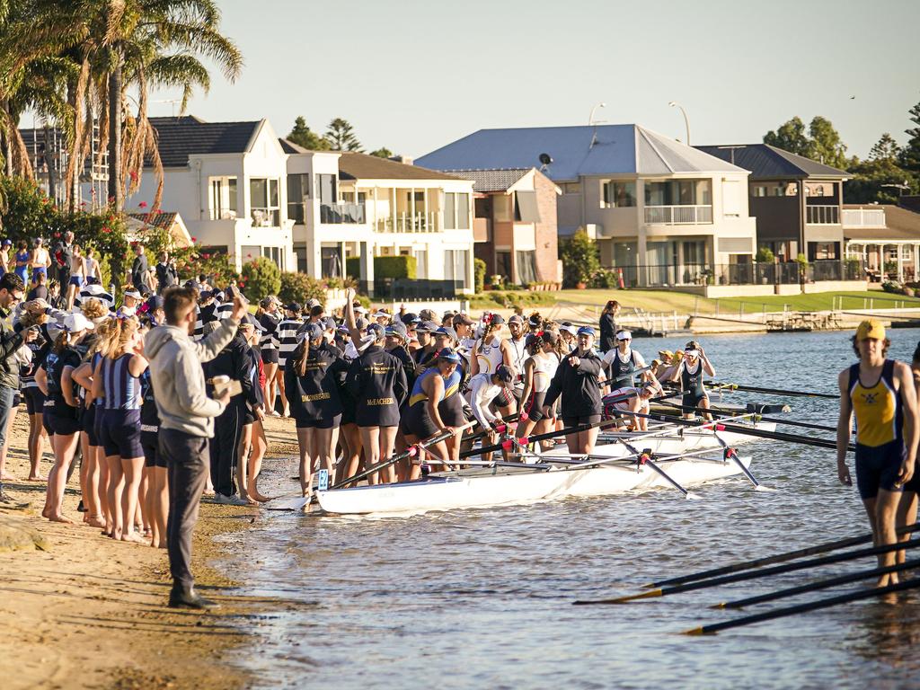 A shorter version of the Head Of The River regatta at West Lakes went ahead on Monday. Picture: AAP / Mike Burton