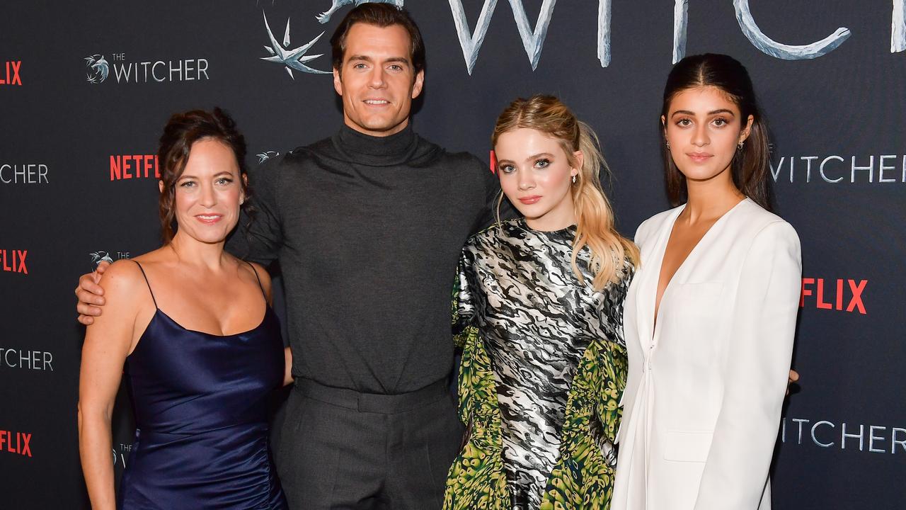 Cavill with The Witcher showrunner Lauren Schmidt Hissrich (left) and co-stars Freya Allan and Anya Chalotra. Picture: Matt Winkelmeyer/Getty Images