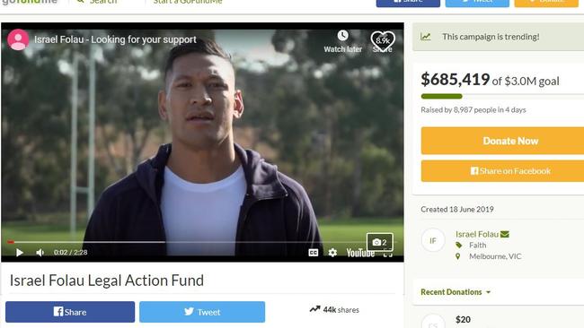 Israel Folau’s GoFundMe page was shut down.