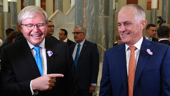 Kevin Rudd and Malcolm Turnbull at yesterday’s anniversary breakfast. Picture: AAP