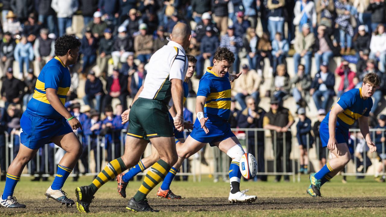 Wihan Kruger of Grammar kicks off to start the game against Downlands in O'Callaghan Cup on Grammar Downlands Day at Downlands College, Saturday, August 6, 2022. Picture: Kevin Farmer