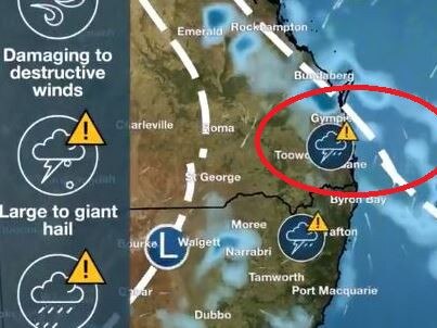 Gympie is central to a large area where severe storms are likely to hit today and tomorrow. This image shows the threat on Wednesday morning. Photo: Captured courtesy of BoM