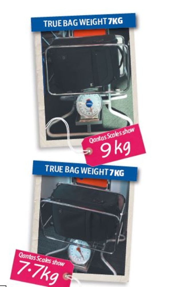 What the true weight of a bag is and what a Qantas scale showed. Picture: News Corp Australia