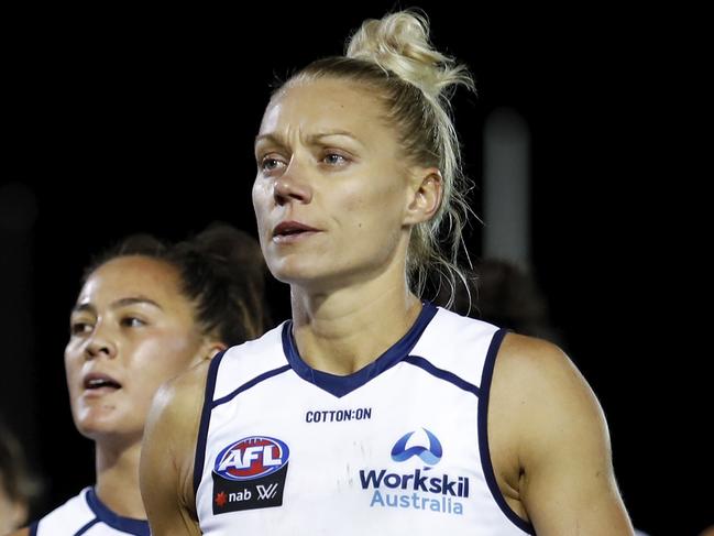 MELBOURNE, AUSTRALIA - MARCH 13: Erin Phillips of the Crows looks dejected after a loss during the 2021 AFLW Round 07 match between the Melbourne Demons and the Adelaide Crows at Casey Fields on March 13, 2021 in Melbourne, Australia. (Photo by Dylan Burns/AFL Photos via Getty Images)