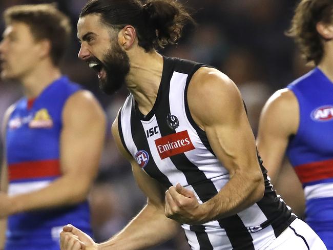 MELBOURNE, AUSTRALIA - JUNE 23: Brodie Grundy of the Magpies celebrates a goal during the 2019 AFL round 14 match between the Western Bulldogs and the Collingwood Magpies at Marvel Stadium on June 23, 2019 in Melbourne, Australia. (Photo by Dylan Burns/AFL Photos via Getty Images)