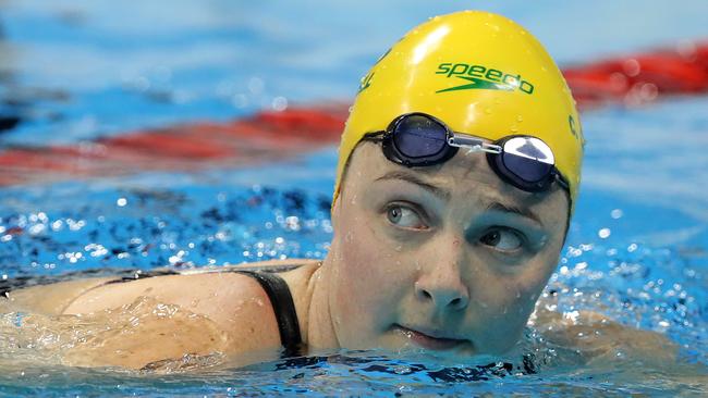 Cate Campbell after setting a new Olympic record in the 100m freestyle semi final. Picture: AP Photo/Lee Jin-man.