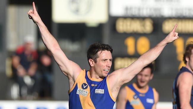 Now with Beaumaris, former St Kilda star Stephen Milne celebrates a final quarter goal in the 2016 VAFA Premier B Grand Final. Picture: Chris Eastman