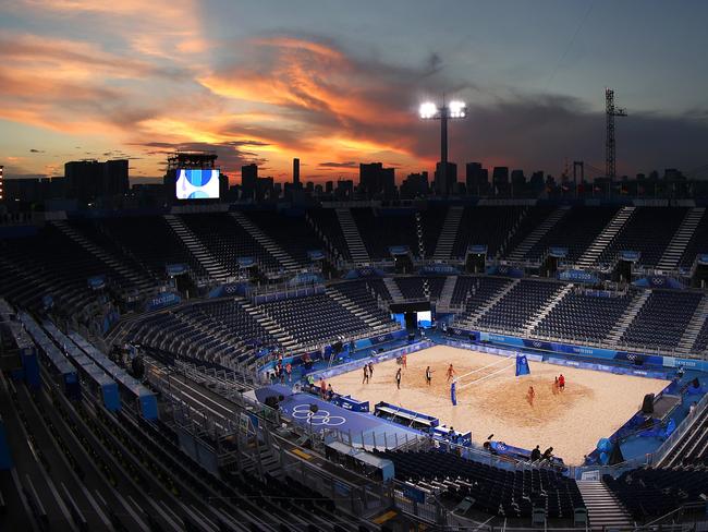 A empty Shiokaze Park the venue for Beach Volleyball. Picture: Getty Images