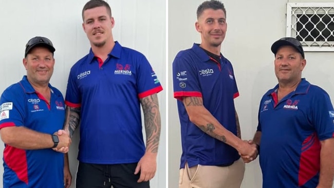 Mernda recruits Lachie Evans and Nick Gregson with coach Rob Fletcher.