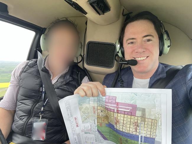 David Collard in a helicopter as he planned a battery gigafactory near Geelong. Picture: Supplied