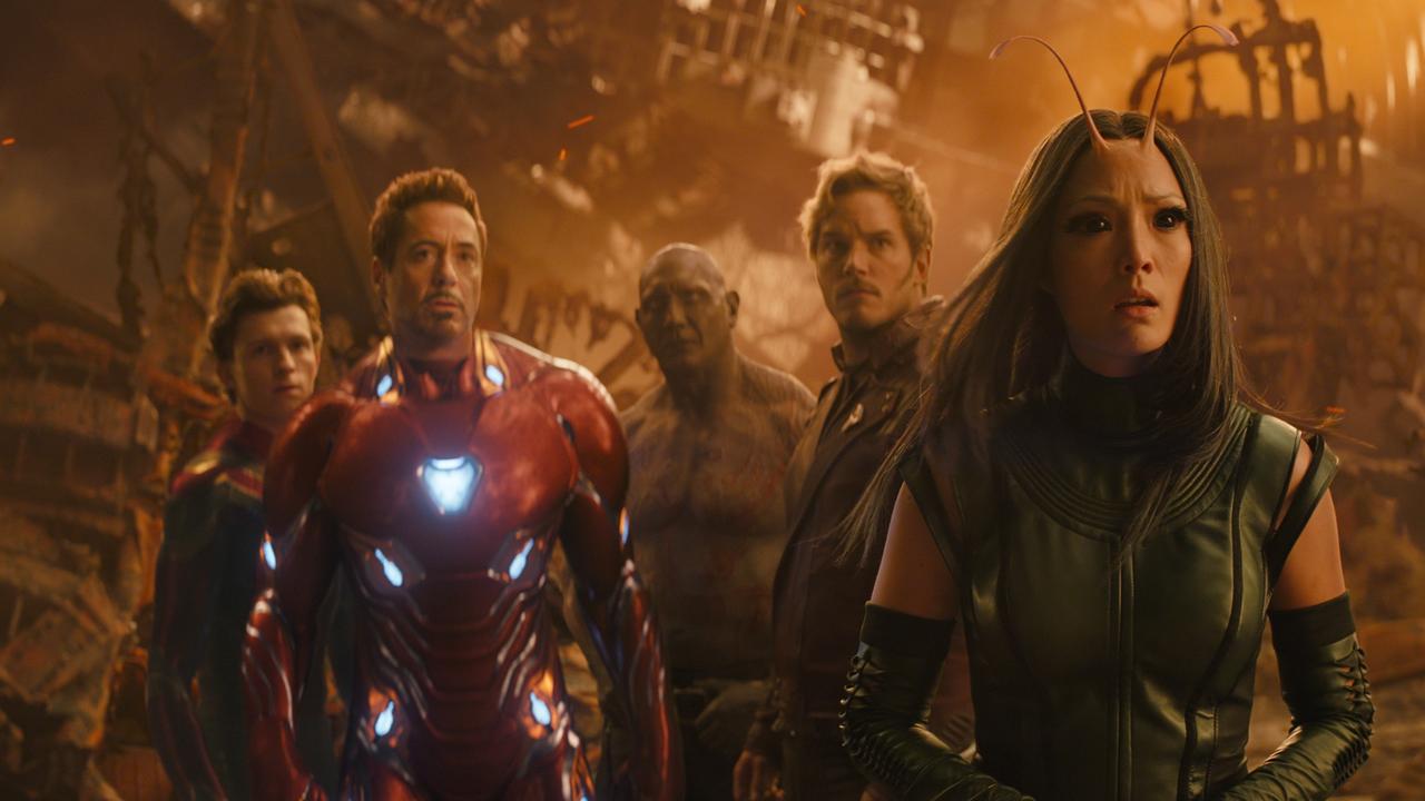 Avengers: Infinity War: Spider-Man/Peter Parker (played by Tom Holland), Iron Man/Tony Stark (Robert Downey Jr), Drax (Dave Bautista), Star-Lord/Peter Quill (Chris Pratt) and Mantis (Pom Klementieff).