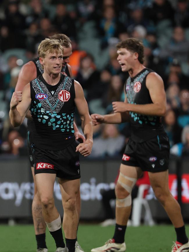 Former Wangaratta young gun Joe Richards celebrates a goal for Port Adelaide. (Photo by James Elsby/AFL Photos via Getty Images)