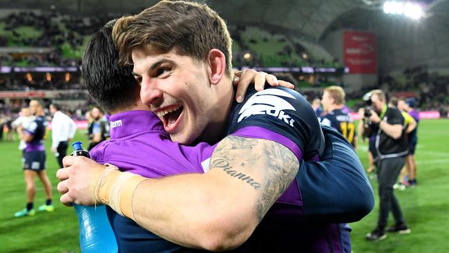 Storm teen sensation Curtis Scott celebrates the win over the Broncos.