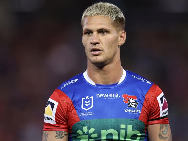 NEWCASTLE, AUSTRALIA - MARCH 07:  Kalyn Ponga of the Knights warms up before the round one NRL match between Newcastle Knights and Canberra Raiders at McDonald Jones Stadium on March 07, 2024, in Newcastle, Australia. (Photo by Brendon Thorne/Getty Images)