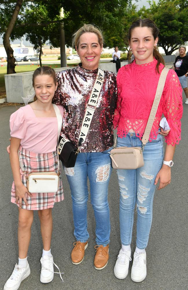 Socials at Pink convert at Townsville's Queensland Country Bank Stadium. Rowena Chalmers with Elsie, 9, and Milly, 12. Picture: Evan Morgan