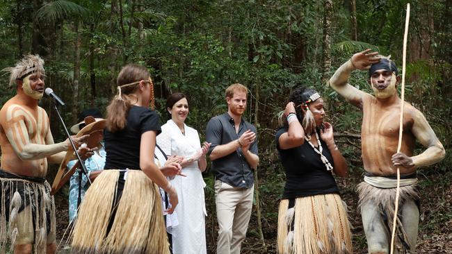 Premier Annastacia Palaszczuk with Prince Harry during a welcome to country and smoking ceremony from the island’s traditional owners, the Butchulla people during the royal visit. Photographer: Liam Kidston