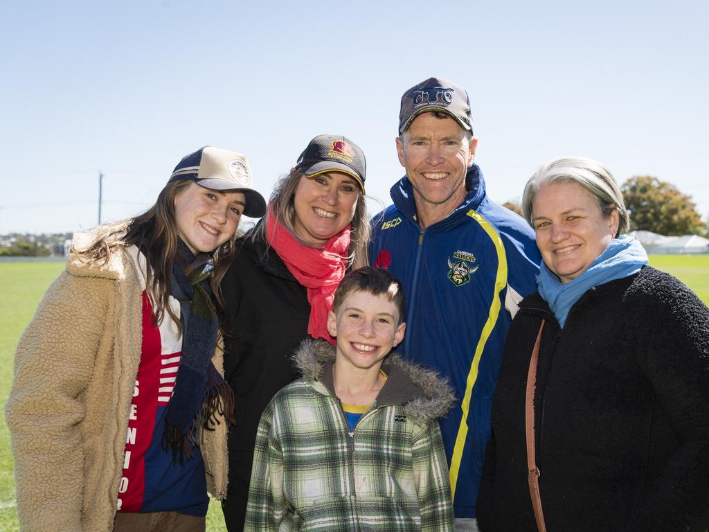 Downlands supporters visiting from Gladstone (from left) Zeeta Geiger, Gemma, Boston and Bill Geiger with Kristie Hayward on Grammar Downlands Day at Toowoomba Grammar School, Saturday, August 19, 2023. Picture: Kevin Farmer