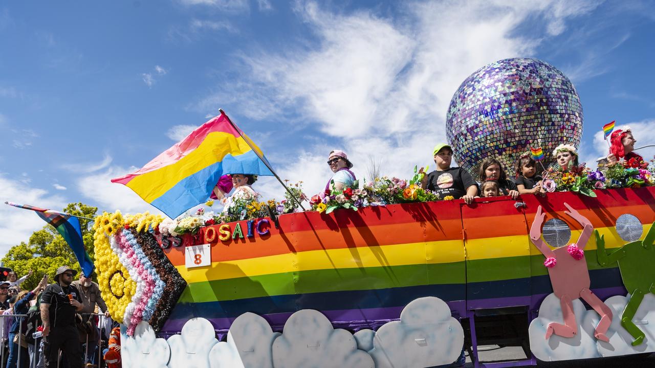 MOSAIC and Carers Queensland Pride float in the Grand Central Floral Parade of Carnival of Flowers 2022, Saturday, September 17, 2022. Picture: Kevin Farmer