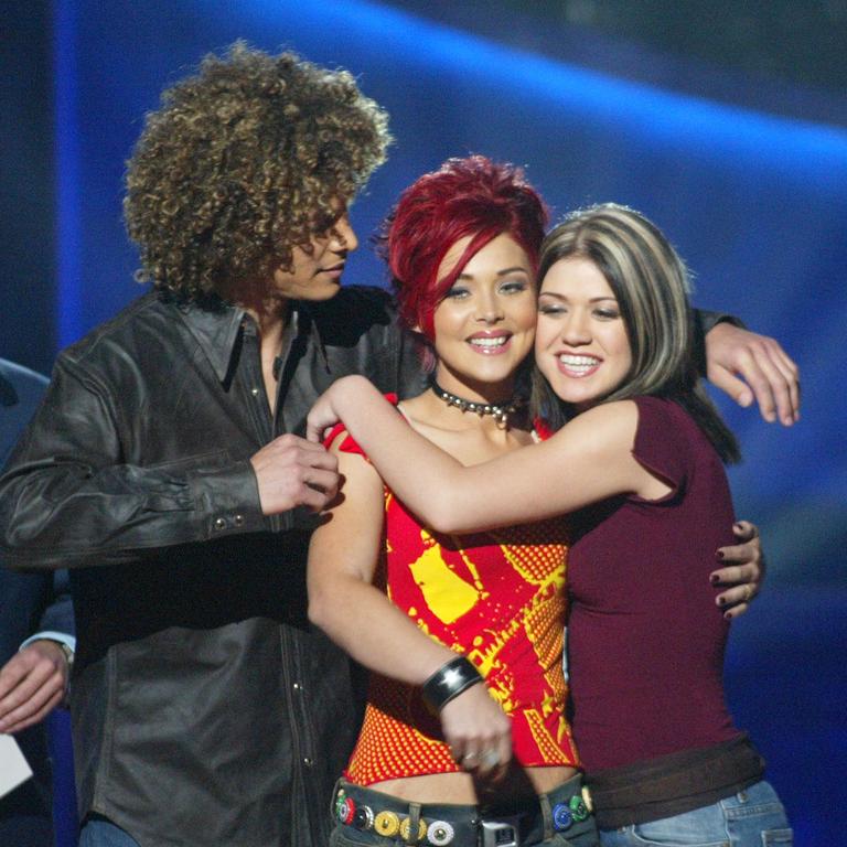 McKibbin (centre) with Justin Guarini, who came second, and Kelly Clarkson, who won the first Idol season. Picture: Kevin Winter/ImageDirect/FOX.