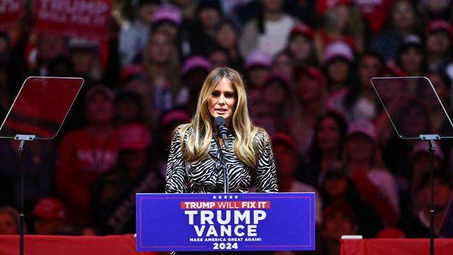 Former US First Lady Melania Trump speaks at a rally for former US President and Republican presidential candidate Donald Trump at Madison Square Garden in New York.