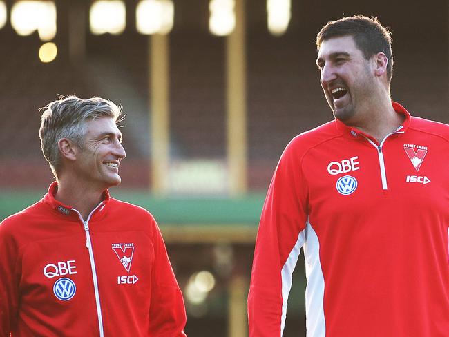 Brett Kirk and Dean Cox once great rivals in the 2005,06 Premiership era now on same side coaching against the Eagles in this Friday nights big game.. Picture. Phil Hillyard