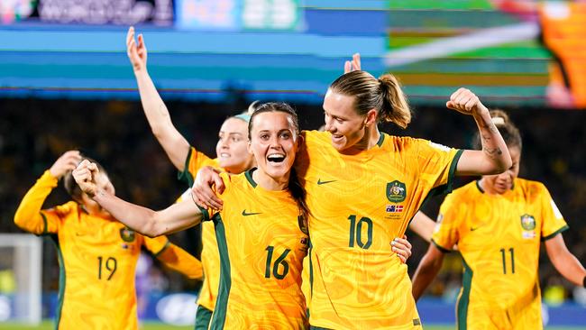 Hayley Raso celebrates scoring for the Matildas. Picture: Daniela Porcelli / SPP.