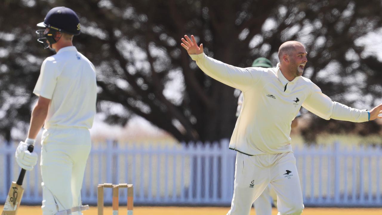 Anglesea bowler Dylan Taylor takes the wicket of Barrabool’s Charlie Scott. Picture: Mark Wilson