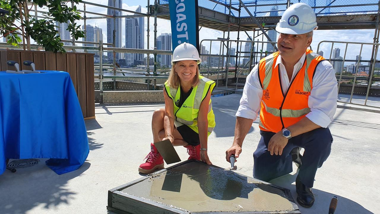 Gold Coast City Council Deputy Mayor Donna Gates and Mayor Tom Tate topping off the last floor of the HOTA Gallery development. Picture: Luke Mortimer