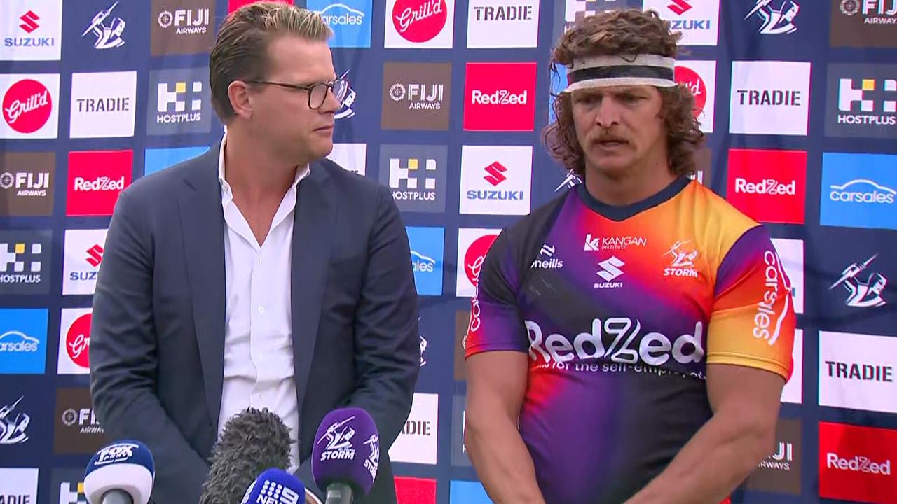 Nick Cummins was unveiled as the Melbourne Storm's latest signing in a bizarre publicity stunt. Picture: Supplied