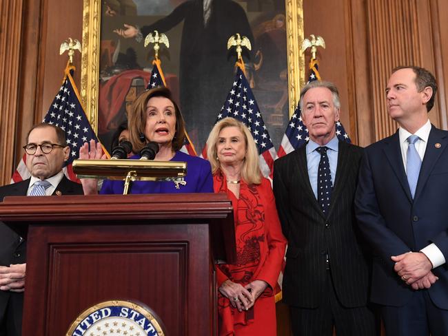 House Speaker Nancy Pelosi (C), flanked by New York Democrat Jerry Nadler, Chairman of the Judiciary Committee (L) and California Democrat Adam Schiff, House Permanent Select Committee on Intelligence (R), holds a press conference at the US Capitol. Picture: AFP